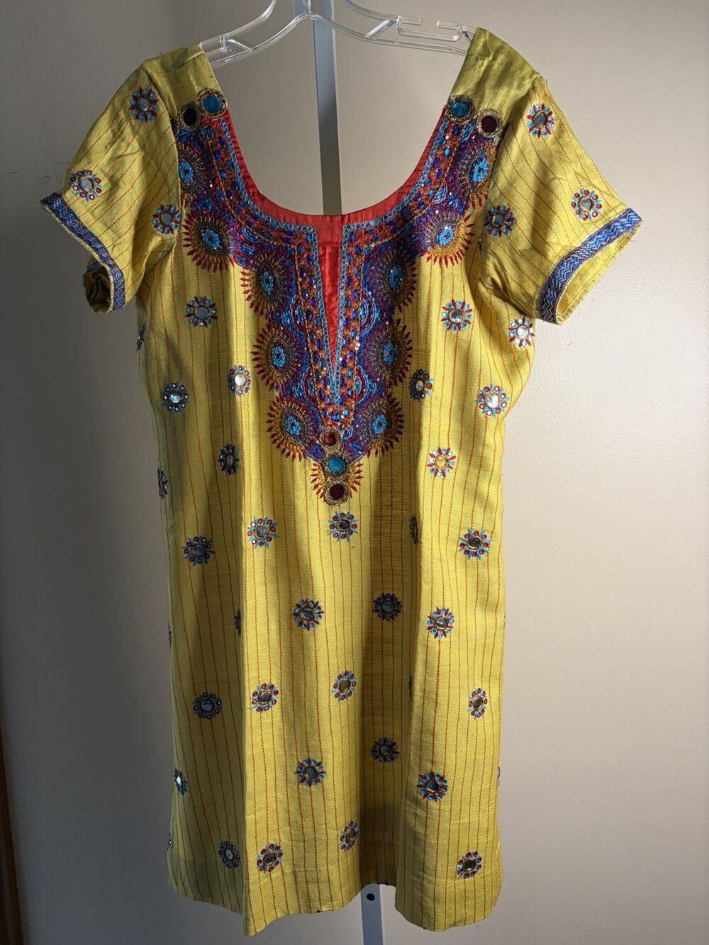 Hand Embroidered Indian Kurti Yellow Beaded Tunic Dress Slit Sides Sz M Colorful